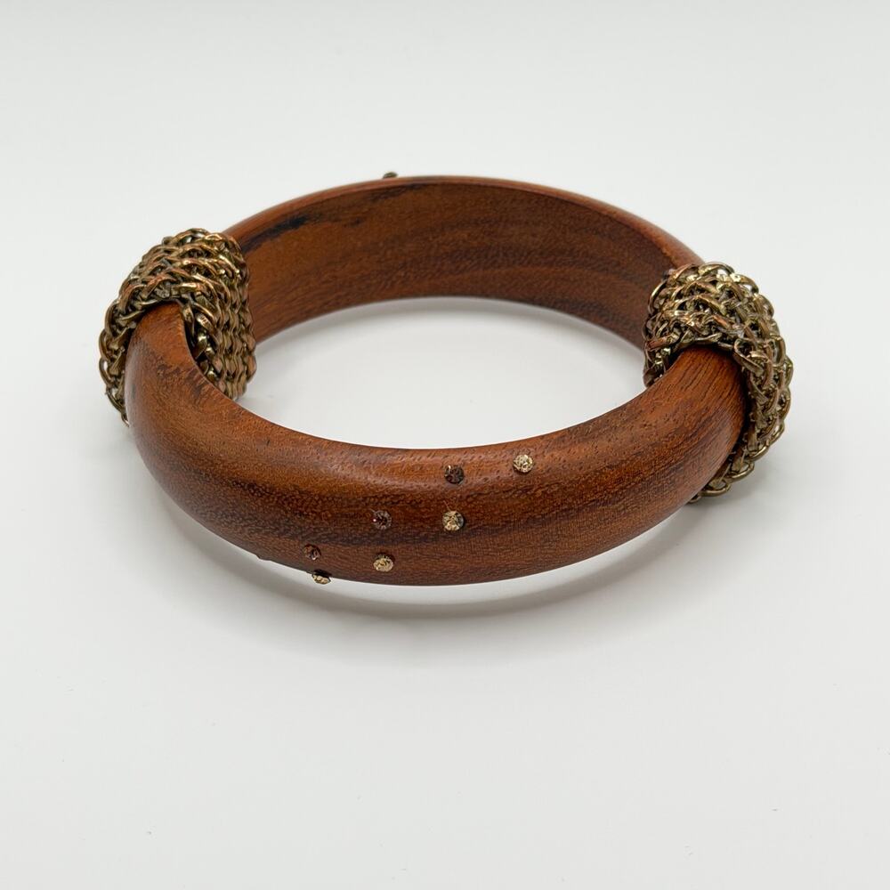 Wood Bangle with Goldtone Accents – Stud & Wrapped Detail (Size M)